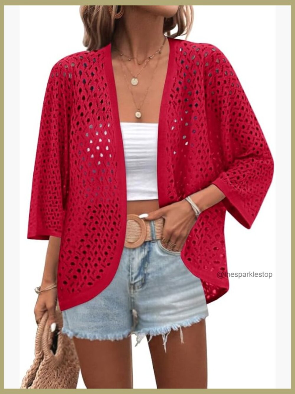 Lightweight Crochet Batwing Cardigan Open Front 3/4 Sleeve Boho Knit Cover Up